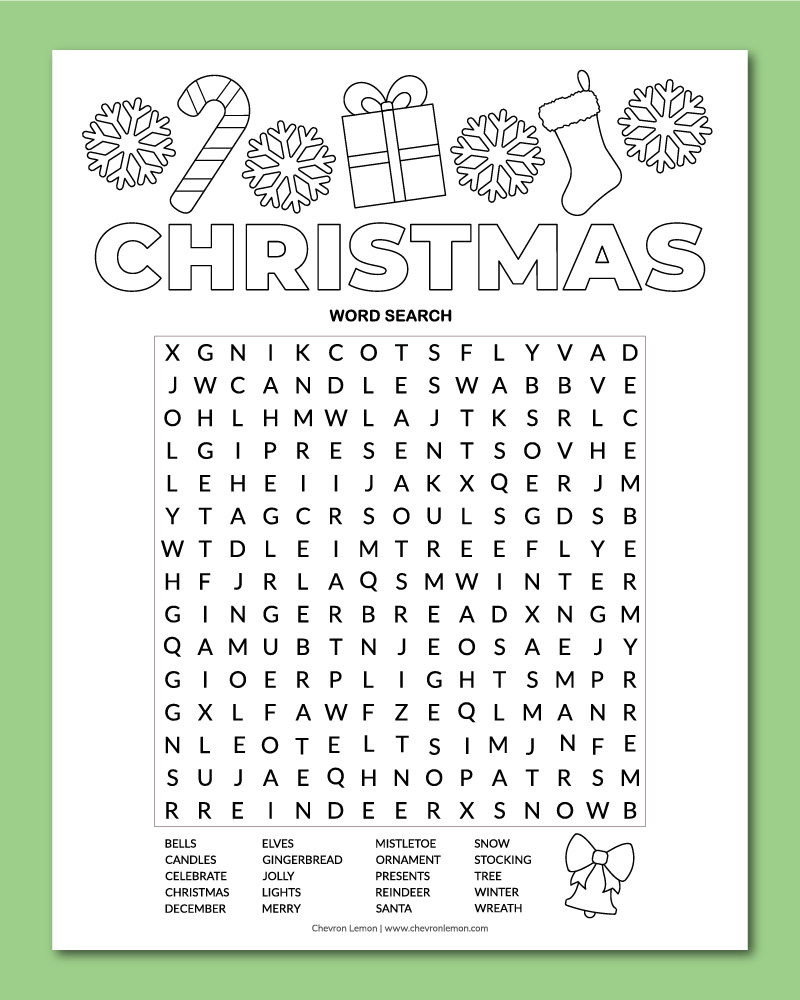 printable christmas word search - chevron lemon